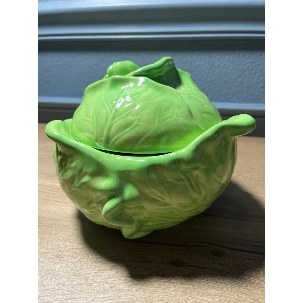 Vtg Green Cabbage Ceramic Dish/ Lid - HOLLAND MOLD‎